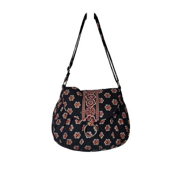 Vera Bradley Black Floral Quilted Shoulder Bag With Adjustable Strap & Silver Ri - Picture 1 of 12
